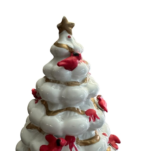 Vintage White Ceramic Christmas Tree Red Cardinals Gold Accents - Picture 5 of 5